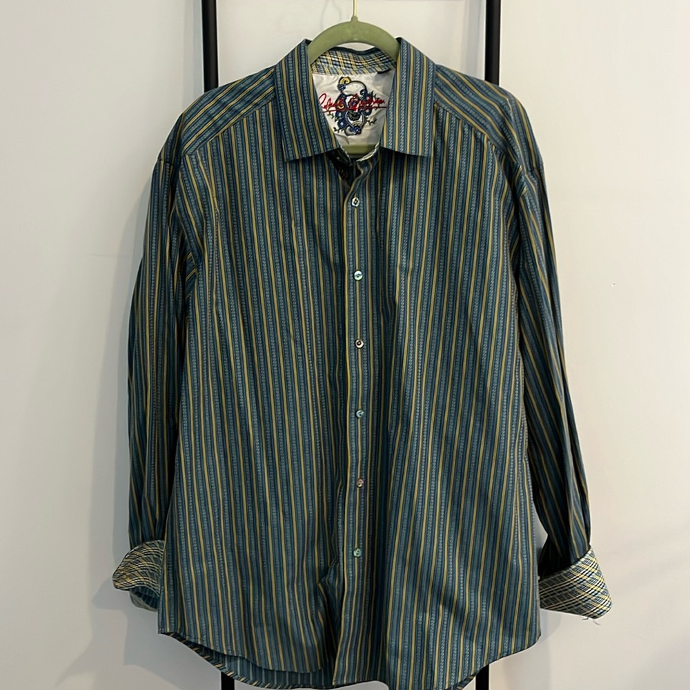 Robert Graham Striped Shirt Men XXL Green Brown Embroidered Back